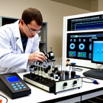 ** An electrochemistry lab setup. A scientist in a lab coat is working with electrochemical equipment analyzing a sample. Focus on the detailed setup with instruments, beakers, and various electrodes. The setting should emphasize precision and scientific exploration. In the background, a holographic display showcases a molecular structure of an explosive, illustrating the connection between electrochemical analysis and explosives detection.

**