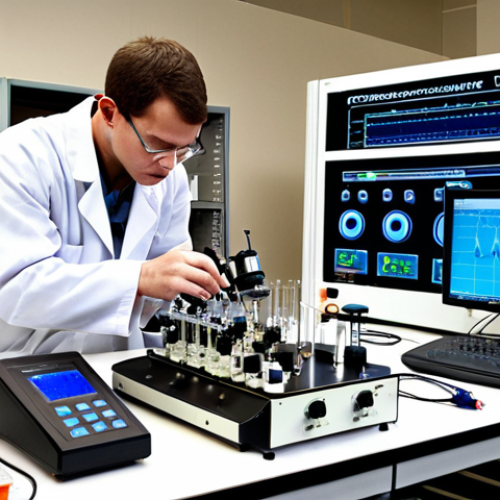 Home 23 ** An electrochemistry lab setup. A scientist in a lab coat is working with electrochemical equipment analyzing a sample. Focus on the detailed setup with instruments, beakers, and various electrodes. The setting should emphasize precision and scientific exploration. In the background, a holographic display showcases a molecular structure of an explosive, illustrating the connection between electrochemical analysis and explosives detection.
**