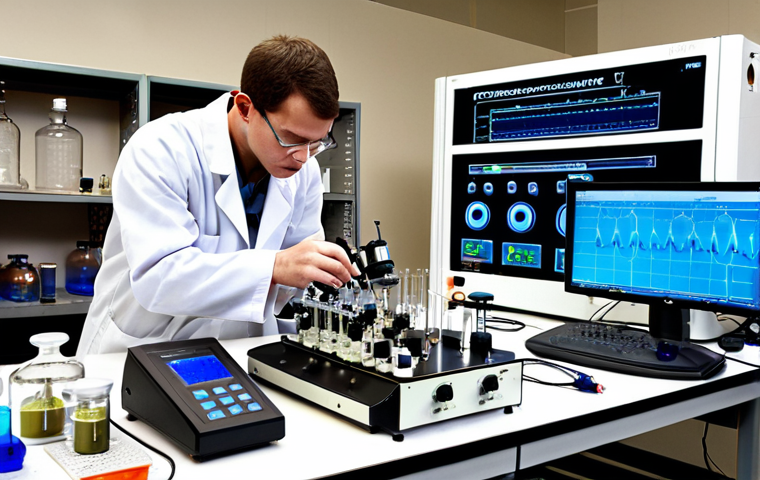 ** An electrochemistry lab setup. A scientist in a lab coat is working with electrochemical equipment analyzing a sample. Focus on the detailed setup with instruments, beakers, and various electrodes. The setting should emphasize precision and scientific exploration. In the background, a holographic display showcases a molecular structure of an explosive, illustrating the connection between electrochemical analysis and explosives detection.
**