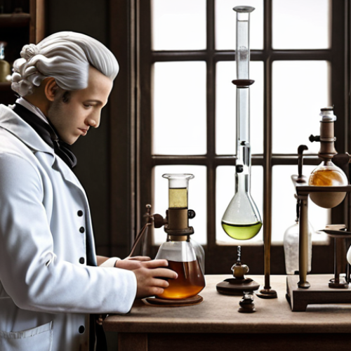 Home 22 **
"Antoine Lavoisier in his laboratory, meticulously weighing substances with a balance. Focus on the scientific instruments and the atmosphere of precision. Recreate a historical scene depicting the birth of modern chemistry with a focus on accurate measurements and the rejection of phlogiston theory. Style: Realistic, detailed."
**