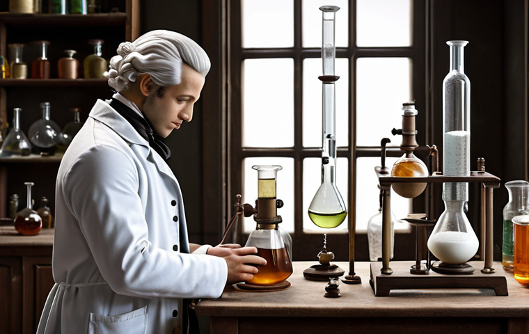 **
"Antoine Lavoisier in his laboratory, meticulously weighing substances with a balance. Focus on the scientific instruments and the atmosphere of precision. Recreate a historical scene depicting the birth of modern chemistry with a focus on accurate measurements and the rejection of phlogiston theory. Style: Realistic, detailed."
**
