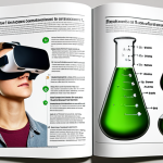 **Interactive Chemistry Textbook Page:** A modern chemistry textbook page with a virtual reality headset displaying a molecule. Include interactive elements like a simulated titration setup and a green chemistry example about biofuel production. Style should be bright, clean, and visually engaging.