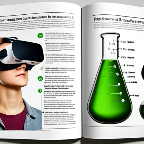 Home 21 **Interactive Chemistry Textbook Page:** A modern chemistry textbook page with a virtual reality headset displaying a molecule. Include interactive elements like a simulated titration setup and a green chemistry example about biofuel production. Style should be bright, clean, and visually engaging.