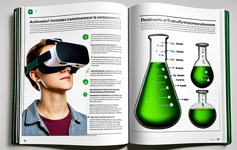 **Interactive Chemistry Textbook Page:** A modern chemistry textbook page with a virtual reality headset displaying a molecule. Include interactive elements like a simulated titration setup and a green chemistry example about biofuel production. Style should be bright, clean, and visually engaging.