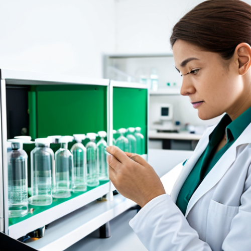 Home 20 A professional female chemist, wearing a modest lab coat over professional business attire, stands in a bright, modern research laboratory. She is intently observing a sample related to biodegradable materials, with a background of sleek green chemistry equipment and sustainable technology. The scene emphasizes innovation in eco-friendly solutions. Fully clothed, appropriate attire, safe for work, perfect anatomy, natural pose, well-formed hands, proper finger count, natural body proportions, professional photography, high quality, family-friendly content.