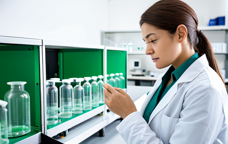 A professional female chemist, wearing a modest lab coat over professional business attire, stands in a bright, modern research laboratory. She is intently observing a sample related to biodegradable materials, with a background of sleek green chemistry equipment and sustainable technology. The scene emphasizes innovation in eco-friendly solutions. Fully clothed, appropriate attire, safe for work, perfect anatomy, natural pose, well-formed hands, proper finger count, natural body proportions, professional photography, high quality, family-friendly content.