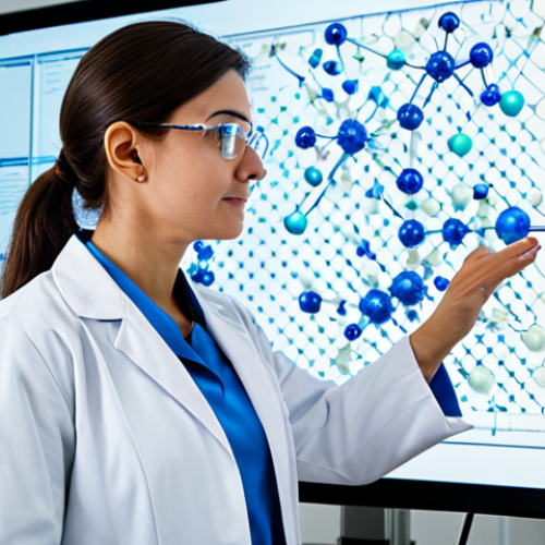 Home 9 A professional female chemist, fully clothed in a modest lab coat and safety glasses, standing in a brightly lit, state-of-the-art chemistry laboratory. She is observing a large transparent screen displaying intricate 3D molecular models of cis and trans isomers, highlighting their distinct spatial arrangements. Surrounding her are various pieces of advanced scientific equipment, including a detailed NMR spectrometer in the background, symbolizing analytical precision. The atmosphere is one of focused scientific discovery and innovation. Perfect anatomy, correct proportions, natural pose, well-formed hands, proper finger count, natural body proportions. Professional photography, high quality, safe for work, appropriate content, professional dress.