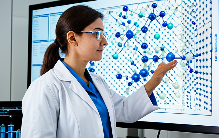 A professional female chemist, fully clothed in a modest lab coat and safety glasses, standing in a brightly lit, state-of-the-art chemistry laboratory. She is observing a large transparent screen displaying intricate 3D molecular models of cis and trans isomers, highlighting their distinct spatial arrangements. Surrounding her are various pieces of advanced scientific equipment, including a detailed NMR spectrometer in the background, symbolizing analytical precision. The atmosphere is one of focused scientific discovery and innovation. Perfect anatomy, correct proportions, natural pose, well-formed hands, proper finger count, natural body proportions. Professional photography, high quality, safe for work, appropriate content, professional dress.