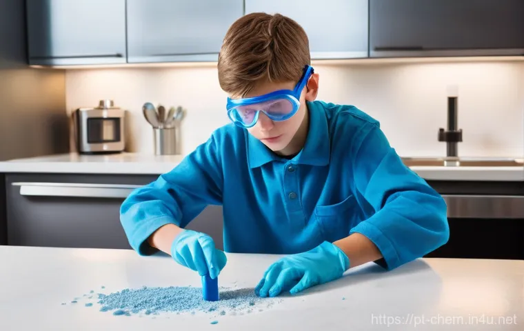 화학 실험 및 실험 설계 - **Prompt:** A curious teenager, wearing clear safety goggles and blue rubber gloves, carefully pours...