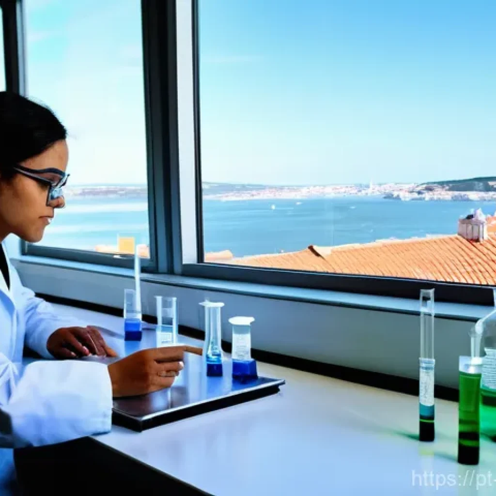 환경 화학 실험 - **Image Prompt: Water Quality Analysis in Lisbon**
"A bright, contemporary environmental chemist...