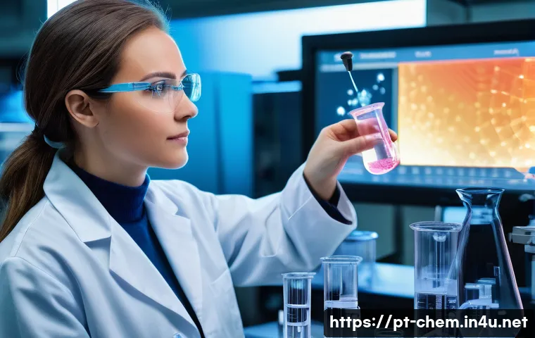 무기화학 실험법 - A sophisticated, high-tech inorganic chemistry laboratory. A female chemist, wearing a clean lab coa...