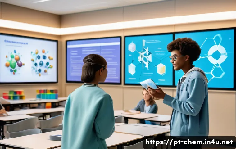 화학 교육의 글로벌 트렌드 - A modern high school chemistry classroom with diverse students actively engaged using augmented real...