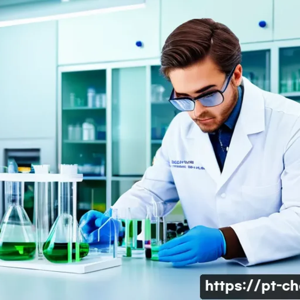 화학 표준화 - A modern chemistry laboratory scene showing a scientist in a white lab coat and safety glasses caref...