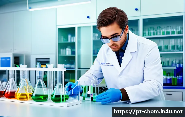 화학 표준화 - A modern chemistry laboratory scene showing a scientist in a white lab coat and safety glasses caref...
