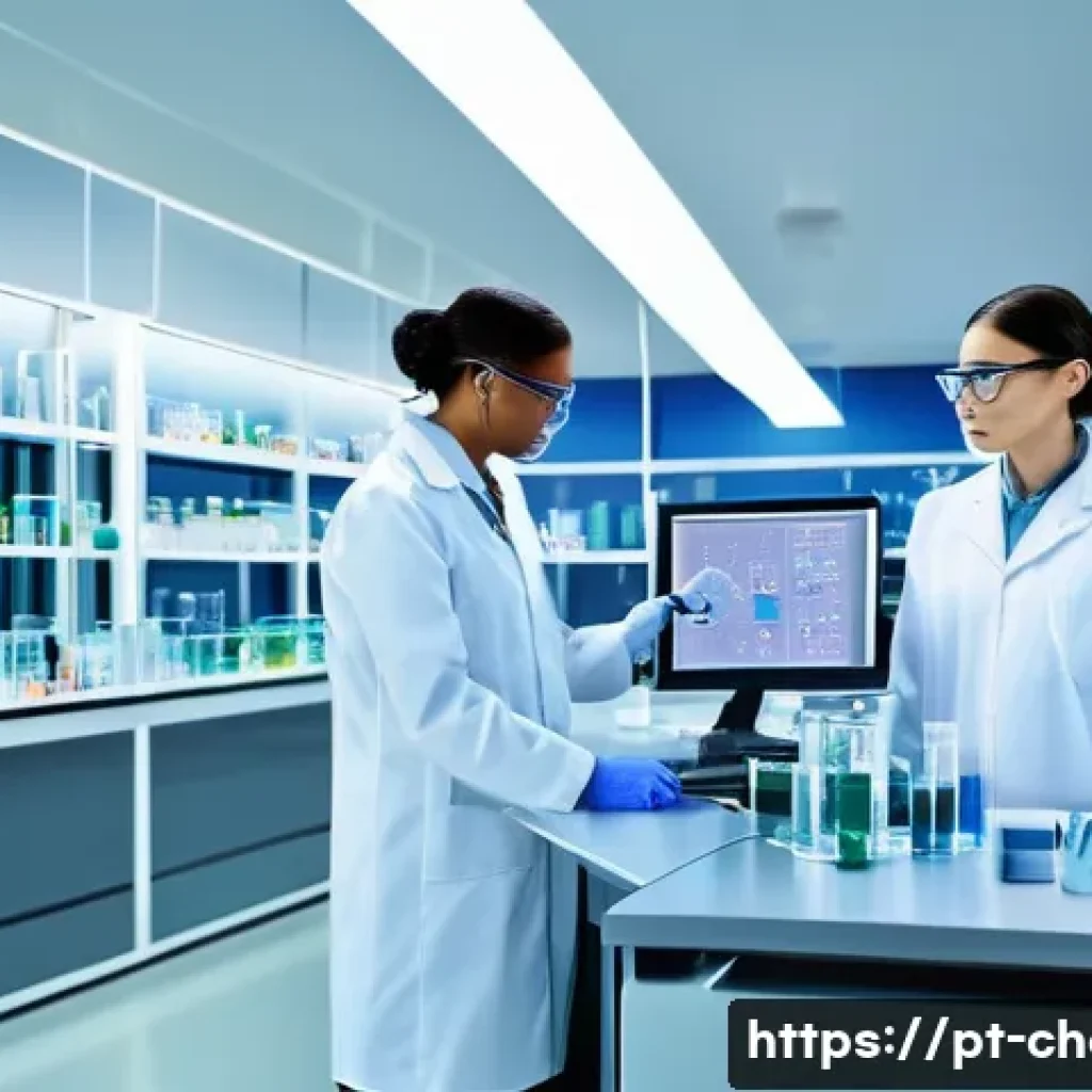 화학 분석 기법 - A modern pharmaceutical laboratory scene showcasing scientists in white lab coats and safety glasses...