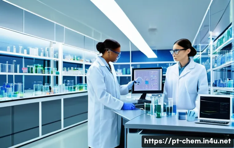 화학 분석 기법 - A modern pharmaceutical laboratory scene showcasing scientists in white lab coats and safety glasses...