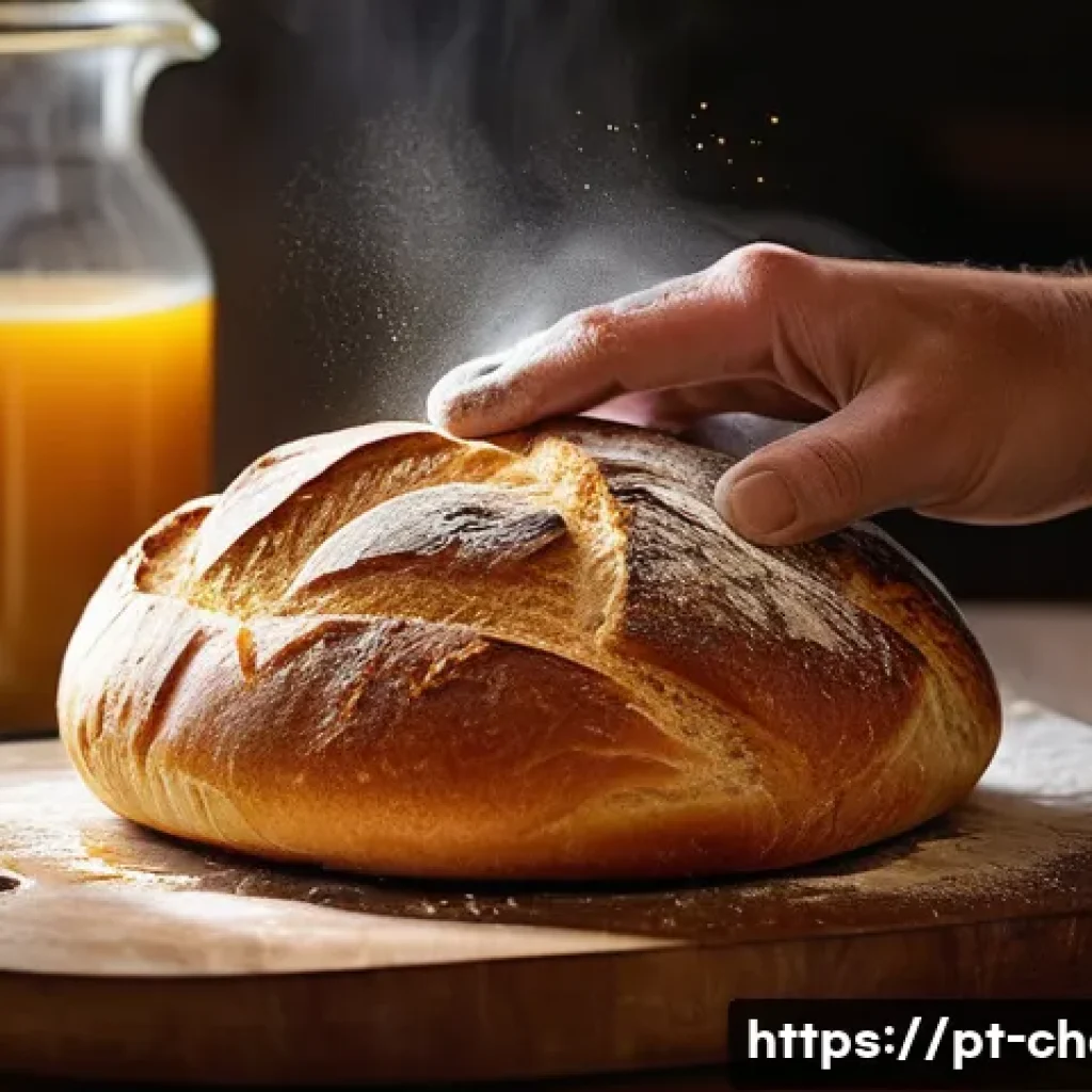화학적 변화 예시 - A detailed close-up of artisanal bread baking in a traditional Brazilian kitchen, showing golden cru...
