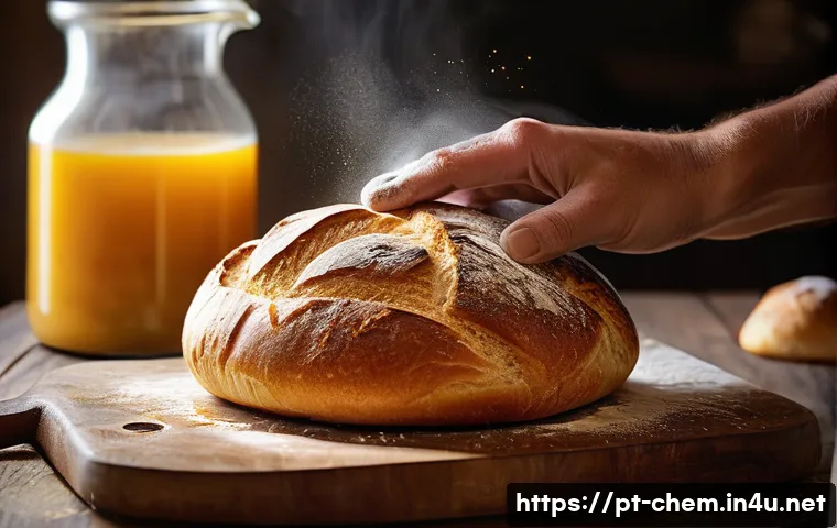 화학적 변화 예시 - A detailed close-up of artisanal bread baking in a traditional Brazilian kitchen, showing golden cru...