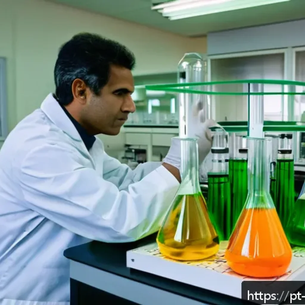 화학 평형 실험 - A detailed laboratory scene showing a scientist in casual attire carefully conducting a chromate-dic...