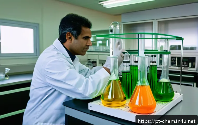 화학 평형 실험 - A detailed laboratory scene showing a scientist in casual attire carefully conducting a chromate-dic...