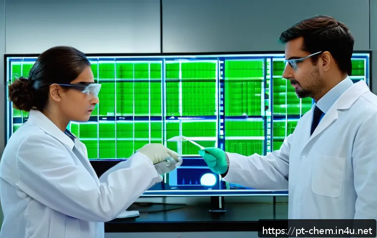 정밀화학 연구 - A high-tech pharmaceutical laboratory scene showing scientists in clean lab coats and safety glasses...