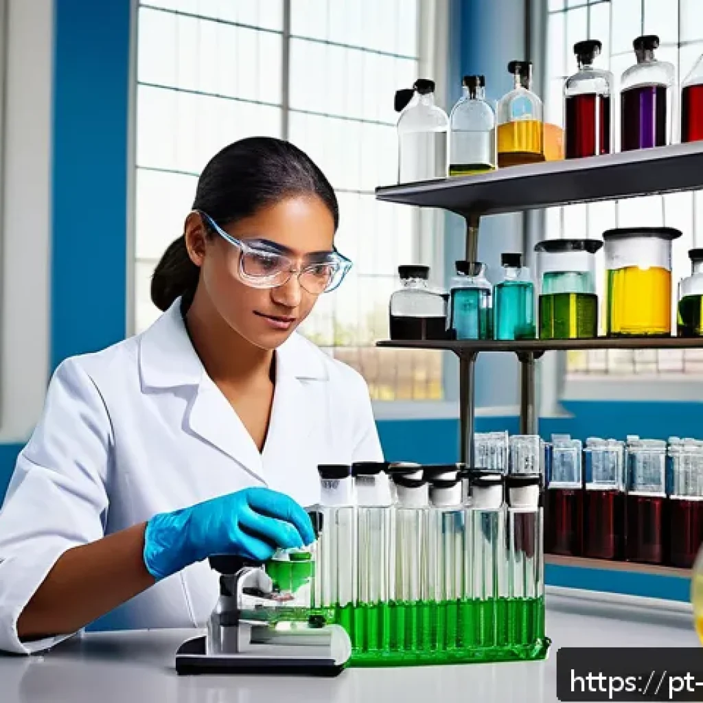 알콜 에터 아민 - A vibrant, detailed laboratory scene showcasing a Brazilian cosmetic chemist carefully mixing ingred...