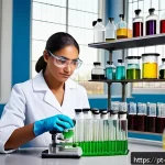 Home 20 알콜 에터 아민 - A vibrant, detailed laboratory scene showcasing a Brazilian cosmetic chemist carefully mixing ingred...