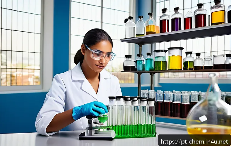 알콜 에터 아민 - A vibrant, detailed laboratory scene showcasing a Brazilian cosmetic chemist carefully mixing ingred...
