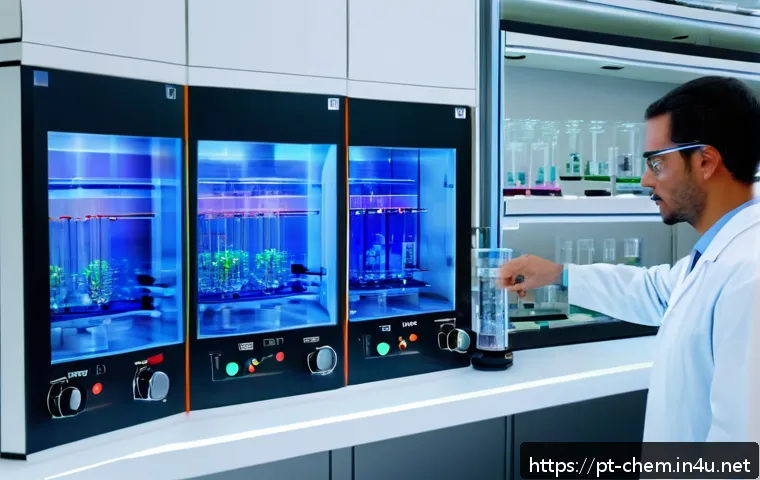 화학 반응 속도 - A detailed laboratory scene showing a chemist adjusting a digital temperature controller connected t...