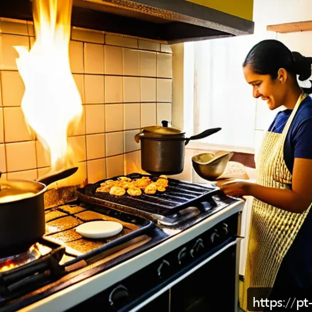 화학 반응 엔탈피 - A vibrant kitchen scene showing a Brazilian home cook frying eggs on a stove, wearing casual clothes...