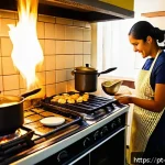 Home 23 화학 반응 엔탈피 - A vibrant kitchen scene showing a Brazilian home cook frying eggs on a stove, wearing casual clothes...