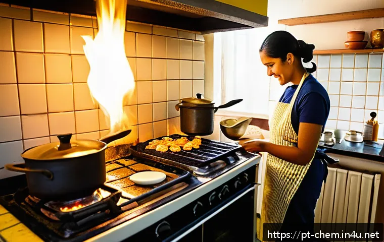 화학 반응 엔탈피 - A vibrant kitchen scene showing a Brazilian home cook frying eggs on a stove, wearing casual clothes...