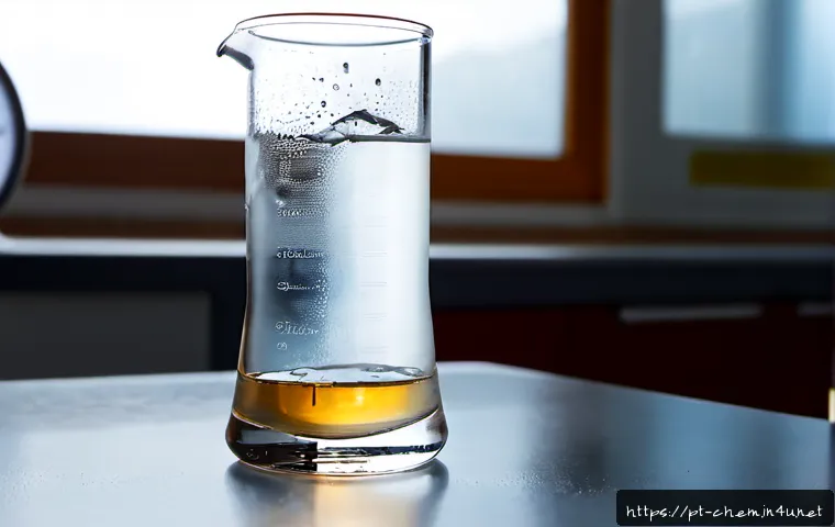 Home 17 상평형과 상변화 - Photorealistic close-up of a transparent glass beaker on a clean laboratory bench, clear water with ...