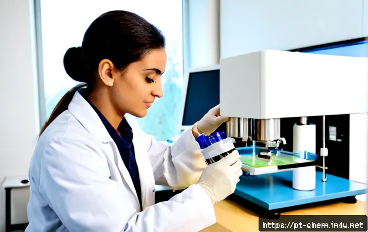 질량 분석법 - Photorealistic analytical chemistry laboratory in Portugal, a focused Portuguese scientist in a clea...