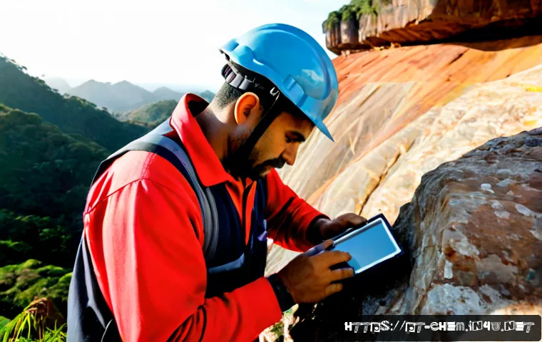 지구화학과 무기화학 - Photorealistic geochemistry field study in Brazil, a geologist wearing practical outdoor clothing an...